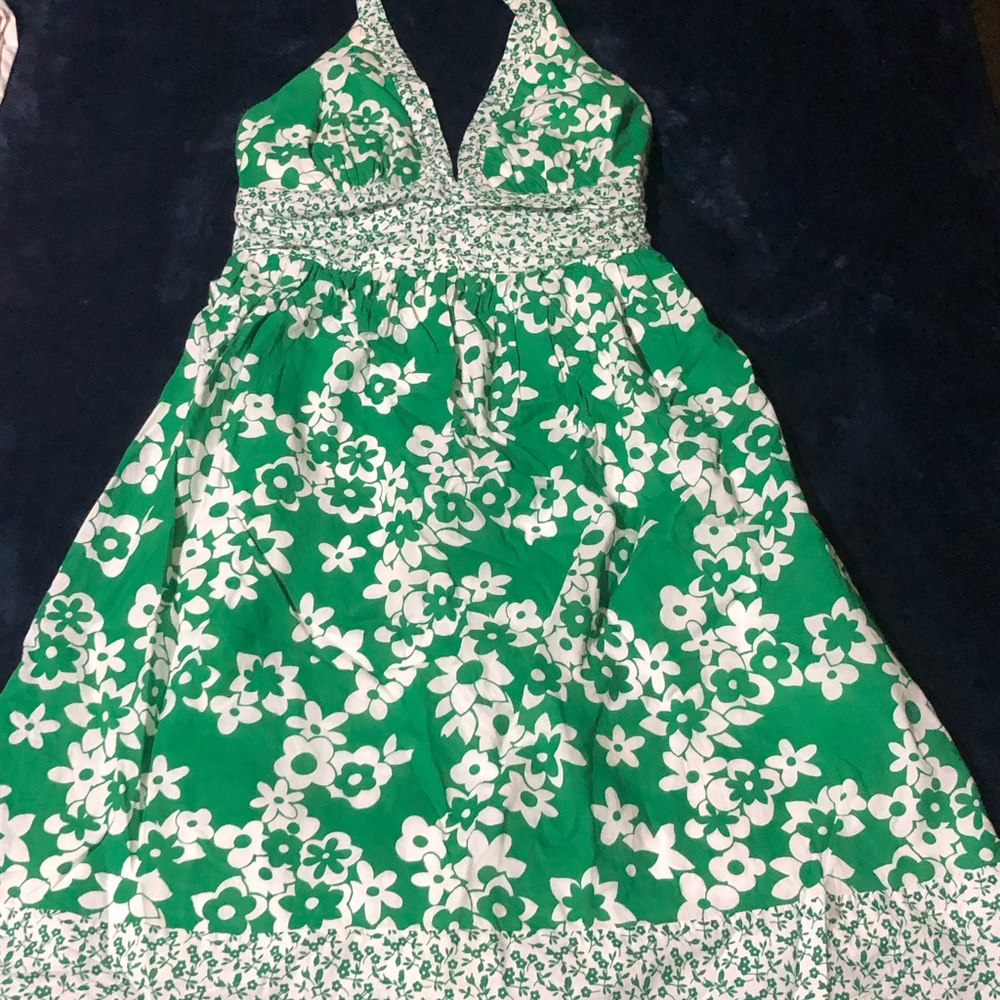 Vintage My Michelle Green & White Floral Halter Mini Dress - Size 7/8